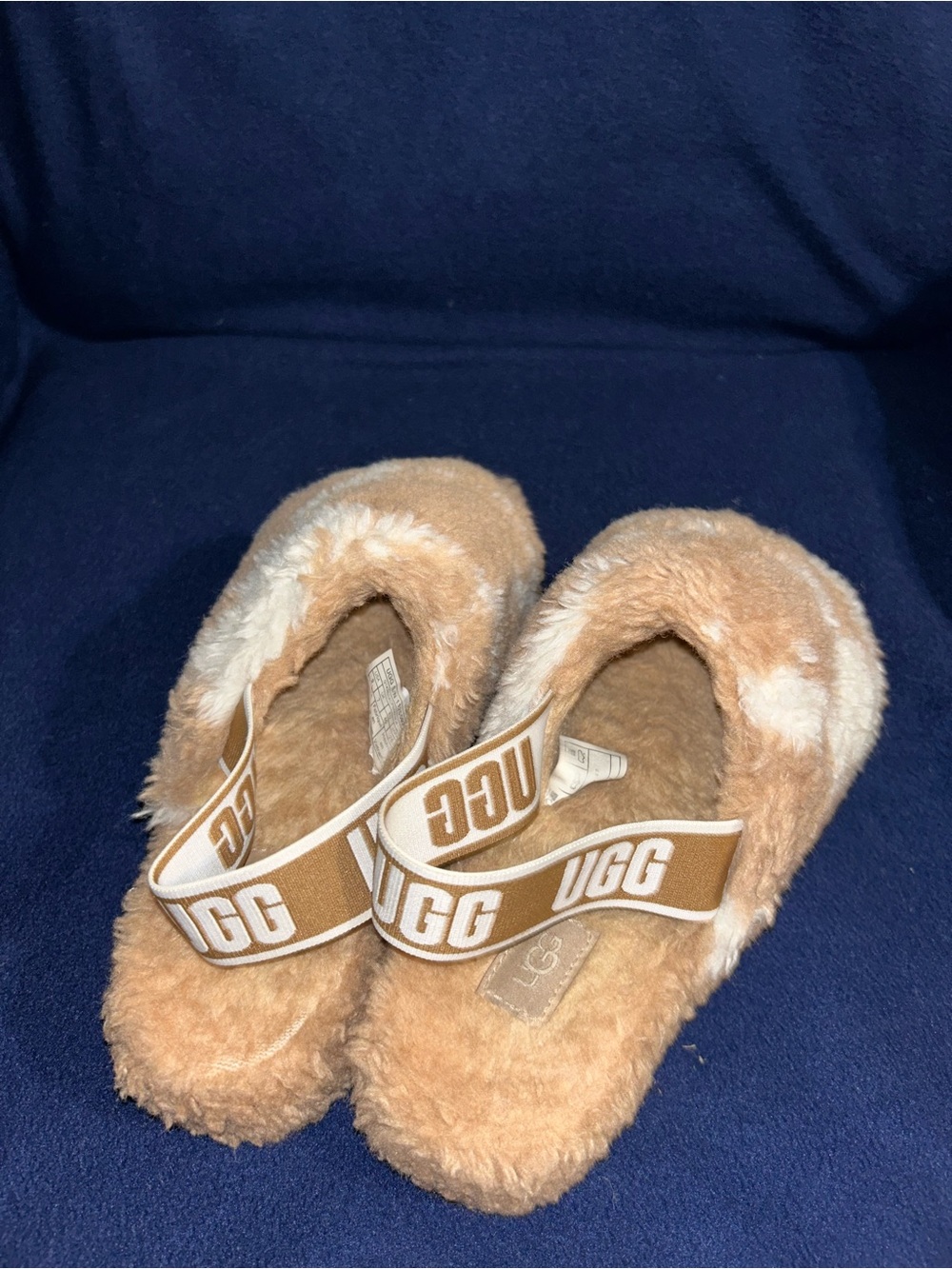 UGG Tan Faux Fur Slide Slippers with Branded Elastic adult 9